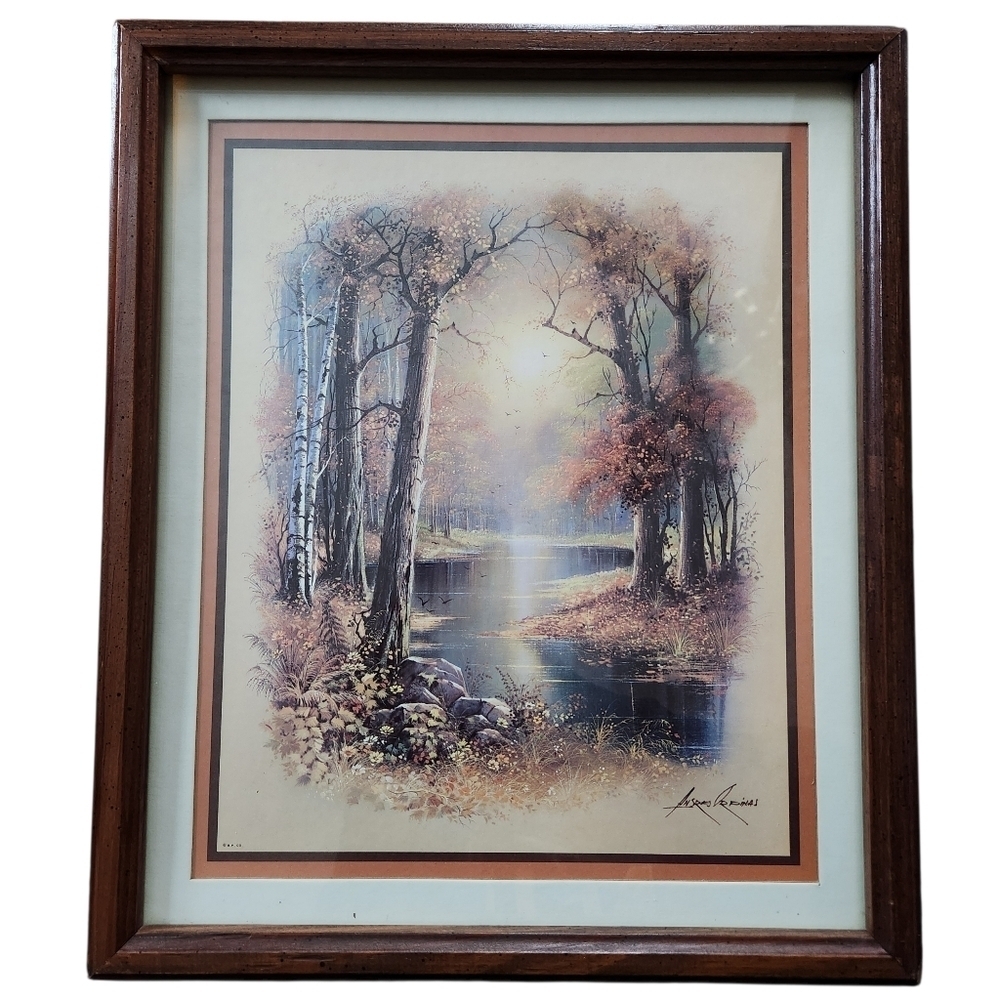 Vintage Wood Framed Fall Print Stream in the Woods Andres Orpinas